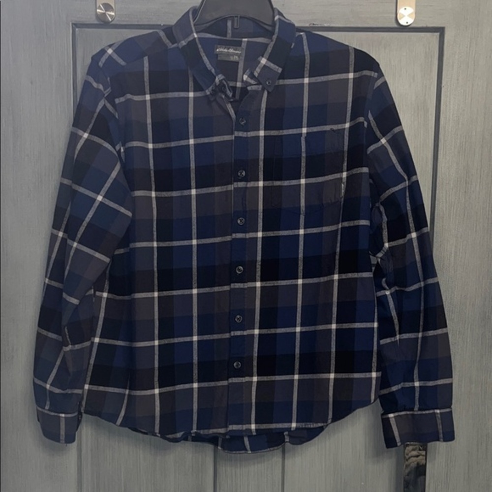 Eddie Bauer Blue and Black Plaid Button Down Shirt